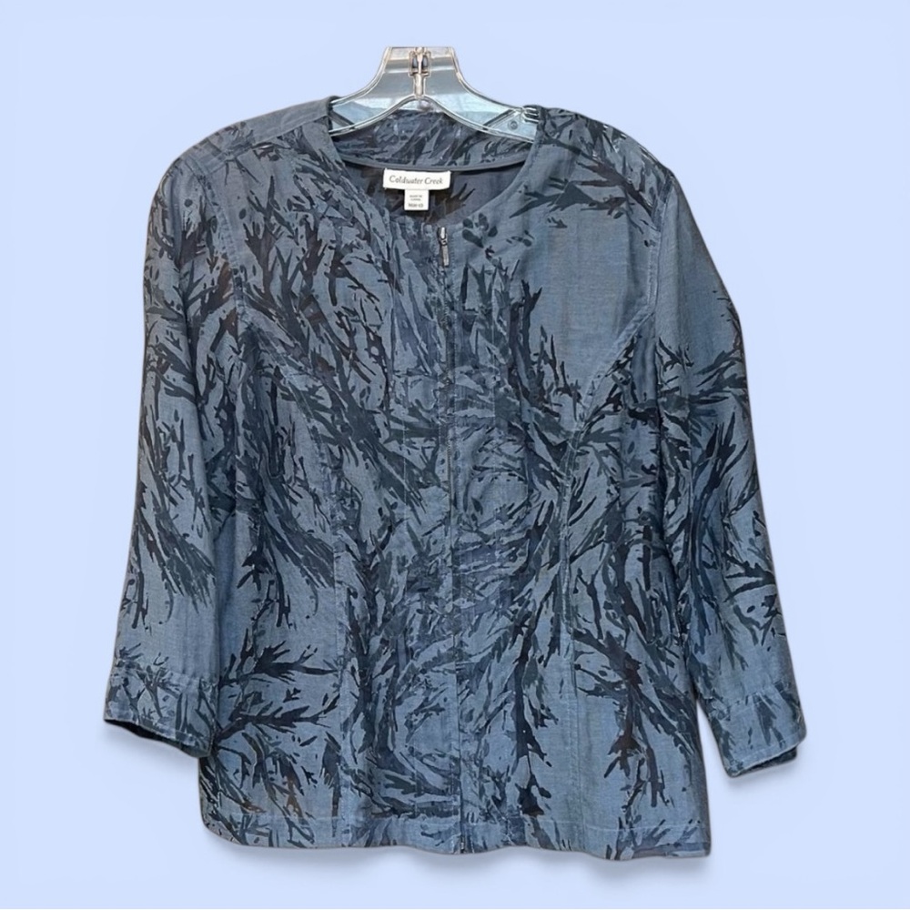 Coldwater Creek Zip Front Jacket Slate Blue Burn Out 3/4 Sleeve Sz M 10-12‎ EUC